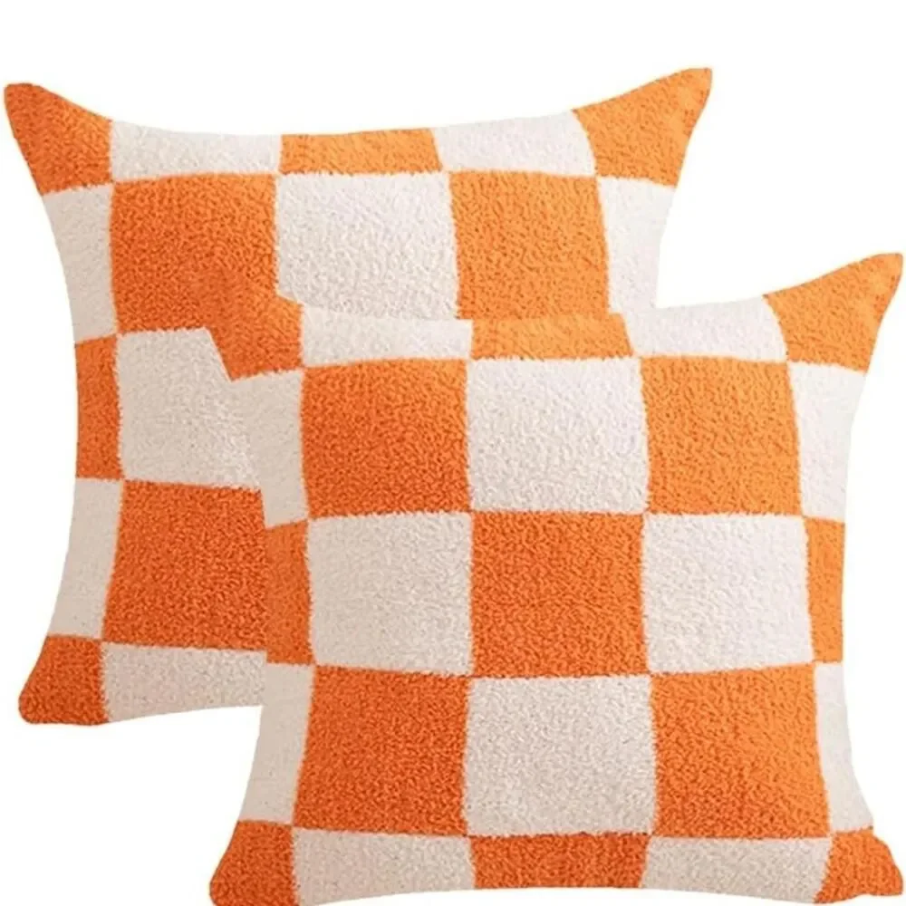 2 orange and white checkered throw pillow covers 18x18